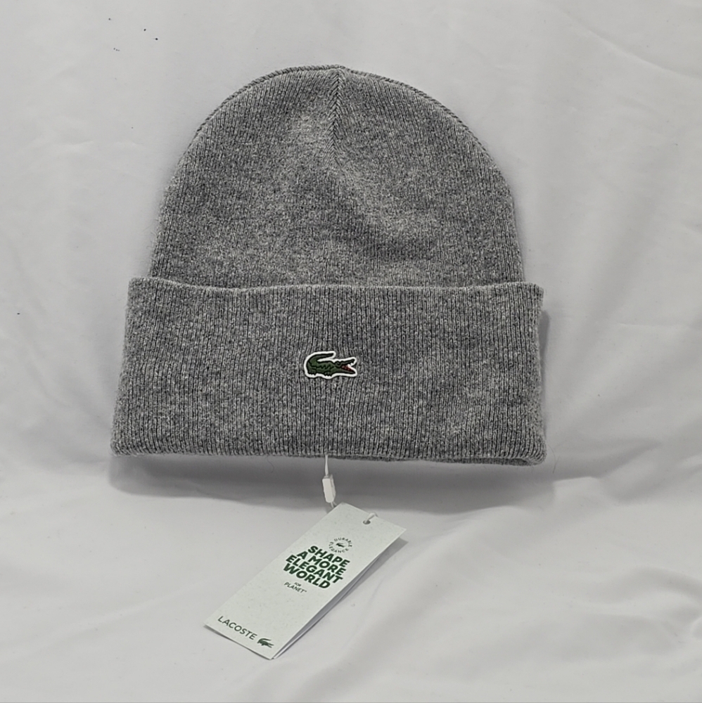 NWT Lacoste Unisex Ribbed 68% Wool Grey Beanie Hat One Size